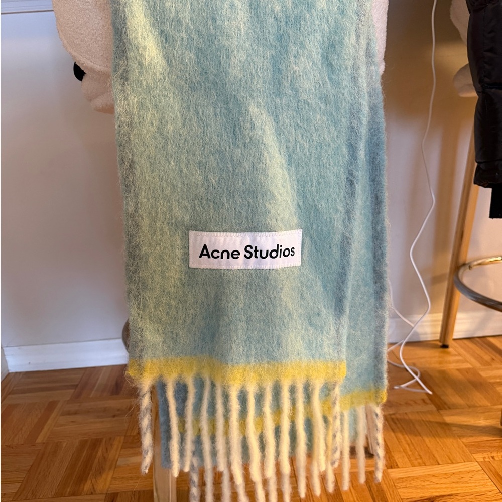 Acne Studios Fringe Scarf in Aqua and Pale Yellow - Picture 3 of 4